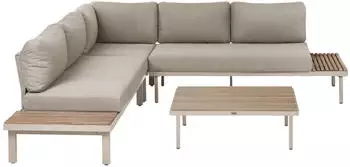 Beliani Fivizzano Ecksofa mit Tisch, 5-Sitzer, Akazienholz, Auflagen beige