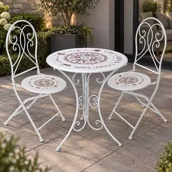 Harms Gartenm&ouml;bel-Set Klappstuhl & Bistrotisch, Eisen, wei&szlig;, Kompass-Motiv, 3-tlg.