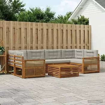 vidaXL Outdoor-Sofagarnitur mit Kissen, 7-tlg., natur und hellgrau (3383089)