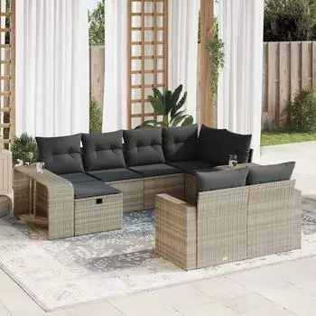 vidaXL Garten-Sofagarnitur 10-tlg. mit Kissen, hellgrau, Poly Rattan (3326066)