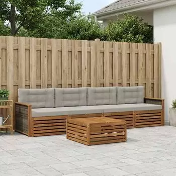 vidaXL Outdoor-Sofagarnitur mit Kissen, 5-tlg., natur und hellgrau (3382989)