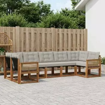 vidaXL Outdoor-Sofagarnitur 7-tlg. mit Kissen, natur/hellgrau (3382195)