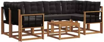 vidaXL Outdoor-Sofagarnitur 7-tlg. mit Kissen, natur/schwarz (3368455)