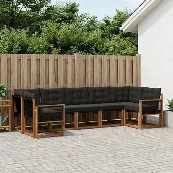 vidaXL Outdoor-Sofagarnitur mit Kissen, 7-tlg., natur und schwarz (3382192)