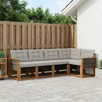 vidaXL Outdoor-Sofagarnitur mit Kissen, 5-tlg., natur und hellgrau (3381947)
