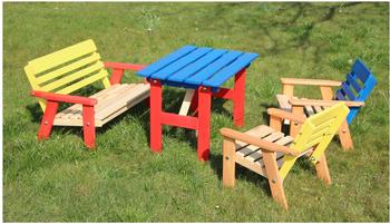 GartenDepot24 Kinder Sitzgarnitur 4-tlg. aus Holz, 2 Stühle, 1 Bank, 1 Tisch, farblich vorbehandelt