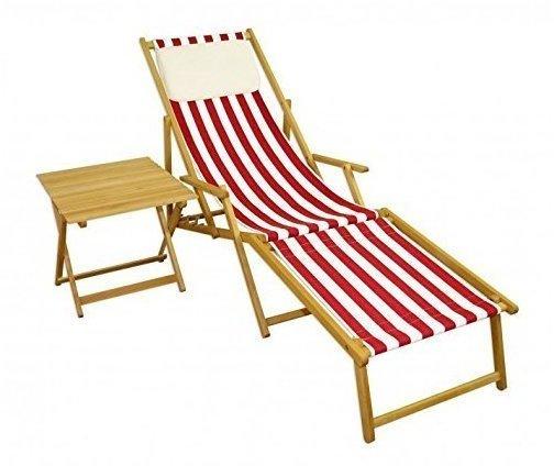 Erst-Holz Liegestuhl rot-weiß Gartenliege Strandliege Buche natur Fußteil Tisch Kissen 10-314 N F T KH