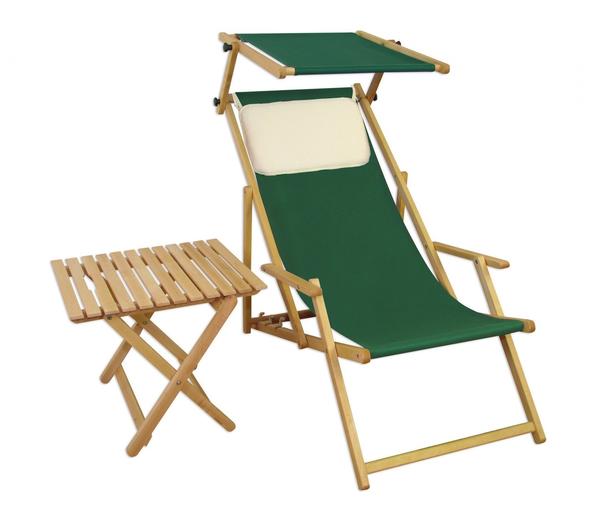 Erst-Holz Liegestuhl grün Gartenliege Strandliege Sonnendach Tisch Gartenmöbel Holz Deckchair 10-304 N S T KH