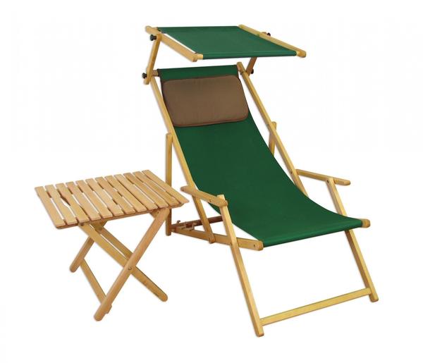 Erst-Holz Liegestuhl grün Gartenliege Strandliege Sonnendach Tisch Gartenmöbel Holz Deckchair 10-304 N S T KD