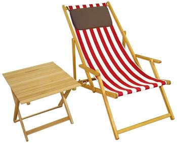 Erst-Holz Gartenstuhl rot-weiß Sonnenliege Strandstuhl Deckchair Buche hell Tisch Kissen 10-314 N T KD