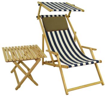 Erst-Holz Liegestuhl blau-weiß Gartenliege Strandliege Sonnendach Tisch Kissen Buche hell 10-317 N S T KD