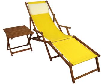 Erst-Holz Gartenliege Liegestuhl gelb Fußablage Tisch Kissen Deckchair Holz Sonnenliege Buche 10-302 F T KH