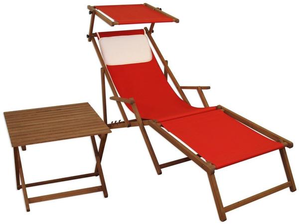 Erst-Holz Liegestuhl rot Fußteil Sonnendach Kissen Tisch Gartenliege Holz Sonnenliege Buche 10-308 F S T KH