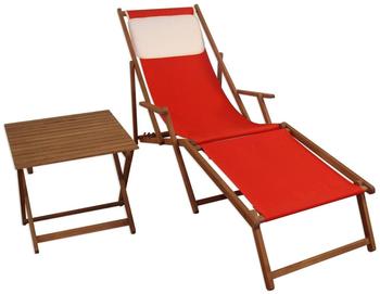 Erst-Holz Liegestuhl rot Fußablage Tisch Kissen Deckchair Holz Sonnenliege Gartenliege Buche 10-308 F T KH