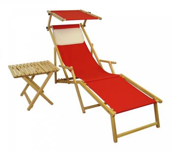 Erst-Holz Relaxliege rot Gartenliege Strandliege Fußteil Kissen Sonnendach Tisch hell 10-308 N FST KH