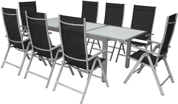 VILLANA Sitzgruppe silber/schwarz Alu/Textil Tisch 160/220cm 8 Multipositionssessel