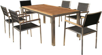 Outflexx Sitzgruppe Edelstahl/Teak 180x90cm 6 Stapelstühle gepolstert schwarz