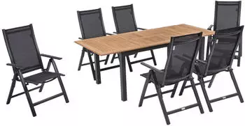Outflexx Esstischgarnitur Alu/Teak/Textil 150/210x90cm 6 Multipositionssessel anthrazit