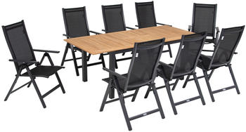 Outflexx Esstischgarnitur Alu/Teak/Textil 150/210x90cm 8 Multipositionssessel anthrazit