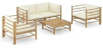 vidaXL Bamboo garden lounge set 5 pieces with cushions white cream (3058207)