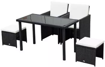 Outsunny Sitzgruppe 4 Sitzpl&auml;tze Metall/Rattan/Polyester/geh&auml;rtetes Glas schwarz