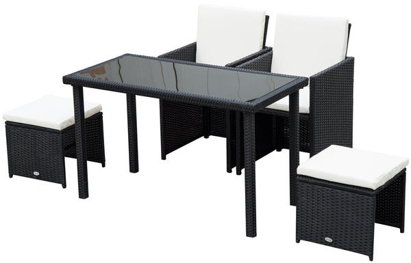 Outsunny Sitzgruppe 4 Sitzplätze Metall/Rattan/Polyester/gehärtetes Glas schwarz
