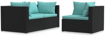 vidaXL 3-tlg. Garten-Lounge-Set Poly Rattan schwarz mit Kissen meeresblau (317538)