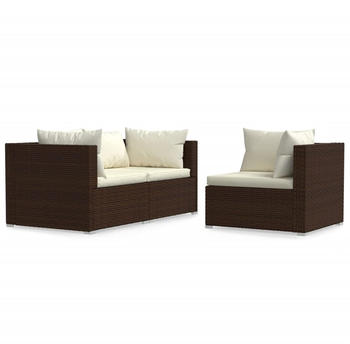 vidaXL 3-tlg. Garten-Lounge-Set Poly Rattan braun mit Kissen cremewei&szlig; (317505)