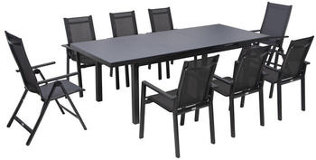 Outflexx Premium Alu/Textilene Ausziehtisch 180/240x100cm 6 Stapel- 2 Multipositionssessel anthrazit/grau (21442)