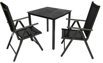 VCM Alu-Gartenset 80 Schwarzglas Tisch + 2 Stühle