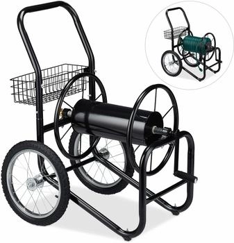 Relaxdays Schlauchwagen XL f&uuml;r 90 m Gartenschlauch, 2 R&auml;der, Metall, schwarz (10029552)