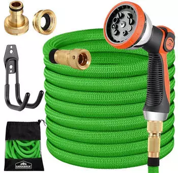 Gardebruk Flexibler Schlauch 22m 3fach Latexkern Vollmessing Adapter 1/2" 3/4" + Halterung + Tasche Gr&uuml;n (27791)