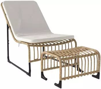 Outsunny Rattan Relaxsessel mit Hocker Stahl 93x65x80cm CremeWeiß
