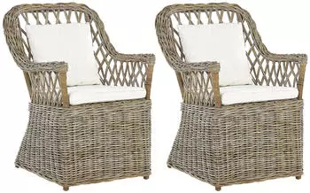 Beliani Gartensessel mit Lehne Rattan natur 2er Set Auflagen wei&szlig; Maros