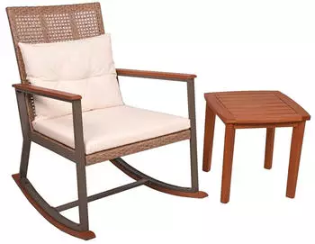 Deluke Outdoor-Schaukelstuhl MAINZ mit Beistelltisch Hellbraun Eukalyptus Gartenstuhl Relaxsessel Garten Balkon Outdoor