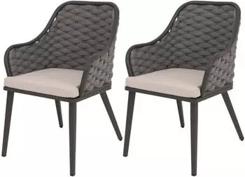 Mendler HWC-O16 Gartenstuhl 2er-Set Aluminium Seilgeflecht Olefin anthrazit, Kissen taupe (110763)