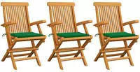vidaXL Gartenst&uuml;hle mit Gr&uuml;nen Kissen 3 Stk. Massivholz Teak