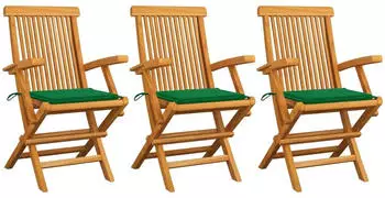 vidaXL Gartenst&uuml;hle mit gr&uuml;nen Kissen 3 Stk. Teak Massivholz (3062519)