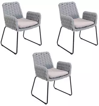 Home Deluxe BALERO Gartenstuhl Seilgeflecht mit Armlehnen, Hellgrau, 3er-Set