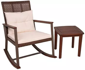 Deluke Outdoor-Schaukelstuhl MAINZ mit Beistelltisch Dunkelbraun Eukalyptus Gartenstuhl Relaxsessel Garten Balkon Outdoor