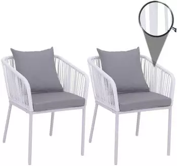 MCW N41-S Gartenstuhl 2er-Set Aluminium Seilgeflecht hellgrau mit Kissen (100695)