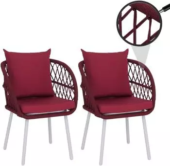 MCW Gartenstuhl Q38 2er-Set, Aluminium Seilgeflecht, Gestell hellgrau, Polster bordeaux (101243)