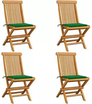 vidaXL Gartenst&uuml;hle aus Teak-Massivholz mit gr&uuml;nen Kissen, 4er-Set (3062573)