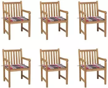 vidaXL Gartenst&uuml;hle 6 Stk. Massivholz Teak, rote Karomuster-Kissen (3073044)