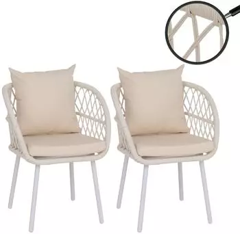 MCW Gartenstuhl Q38 2er-Set, Aluminium Seilgeflecht, Gestell hellgrau, Polster creme (101245)