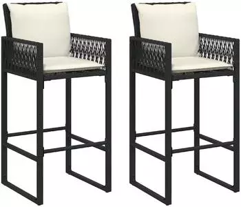 vidaXL Garten-Barhocker mit Kissen, 2er-Set, schwarz, Poly Rattan (368705)