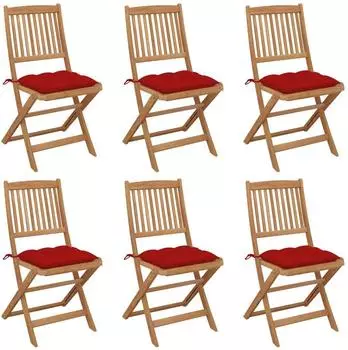 vidaXL Klappbare Gartenst&uuml;hle 6er-Set mit Kissen, Akazienholz, rot (3075015)