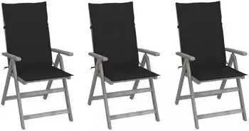 vidaXL Verstellbare Gartenst&uuml;hle 3er-Set mit Auflagen, Akazienholz, schwarz (3064735)