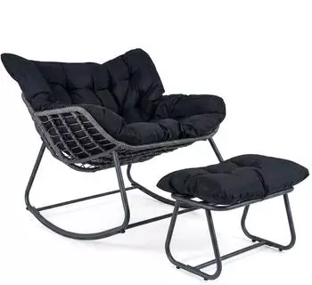 Costway Schaukelstuhl mit Hocker, &uuml;bergro&szlig;, abnehmbares Kissen, bis 150kg, schwarz (ZB35301NW)