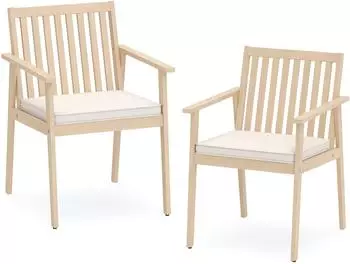 Costway Gartenst&uuml;hle Akazienholz mit Kissen & Armlehnen, 2er Set, graulich-wei&szlig; (TI96508TN-4)